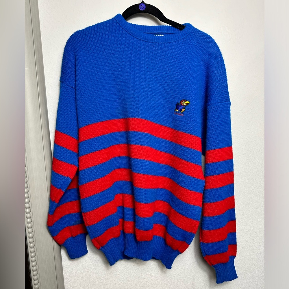 Rare Vintage University Of Kansas Jayhawk Striped Sweater Crewneck Large U.S.A
